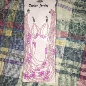 White & Pink Layered Beaded Necklace & Earring Set